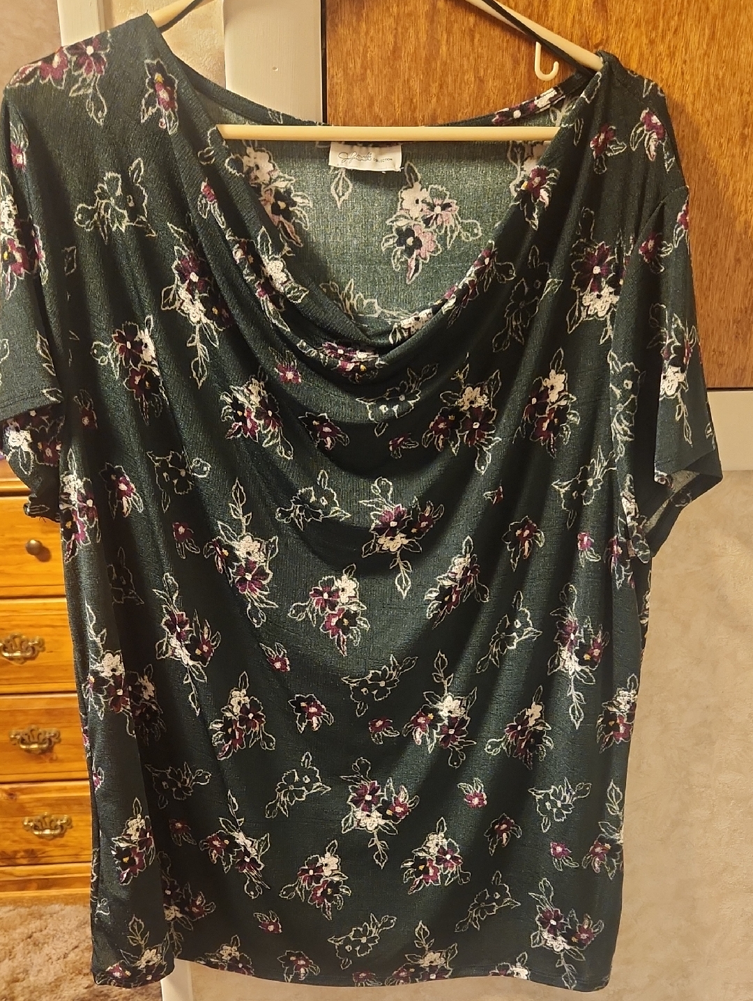 Draped Cowl Neck Floral Top In Dark Green